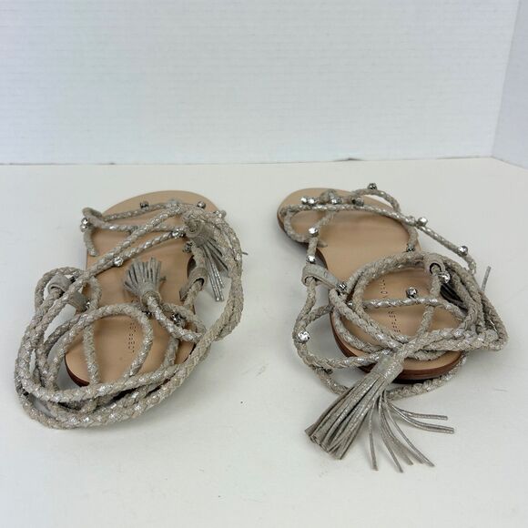 LOEFFLER RANDALL Bo Crystal Embellished Braided Ankle Tie Sandals Metallic Sz 8 - Picture 8 of 14